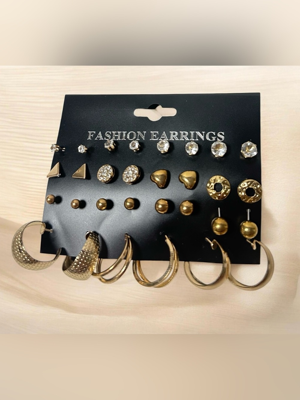 15 Pairs earings - Gold and Clear Crystal Studs & Hoops
